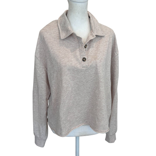 Z Supply Tan 1/4 Button Cropped Raw Hem Collared Sweatshirt Womens Size Small