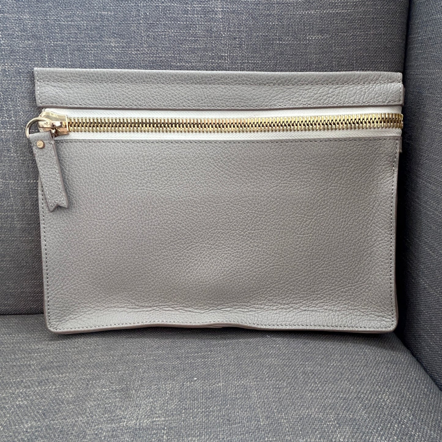 India Hicks Taupe Brown Big Zipper Pebbled Leather Clutch Bag