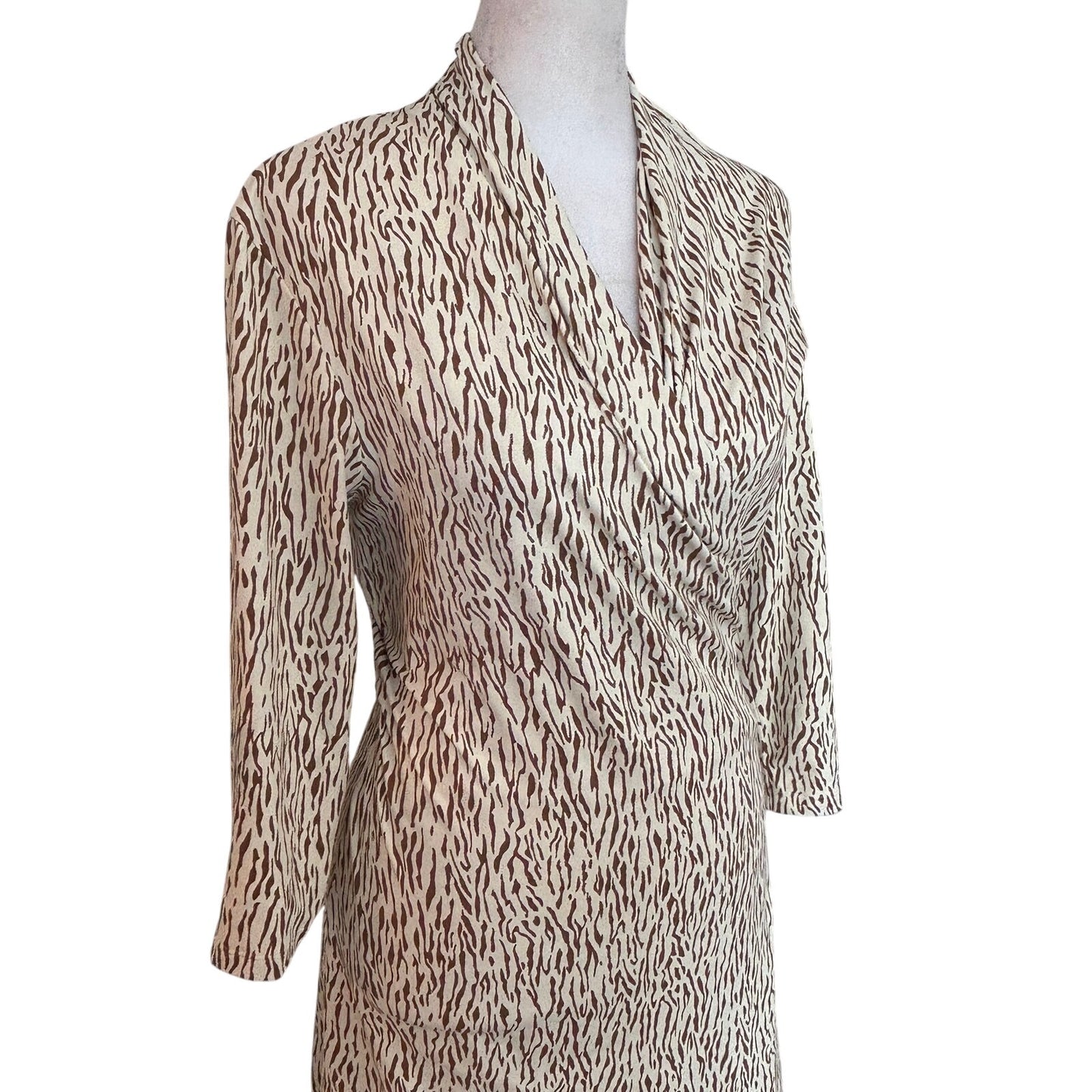 J. McLaughlin Tan, Animal Print 3/4 Sleeve Stretch Wrap Dress Womens Size Small