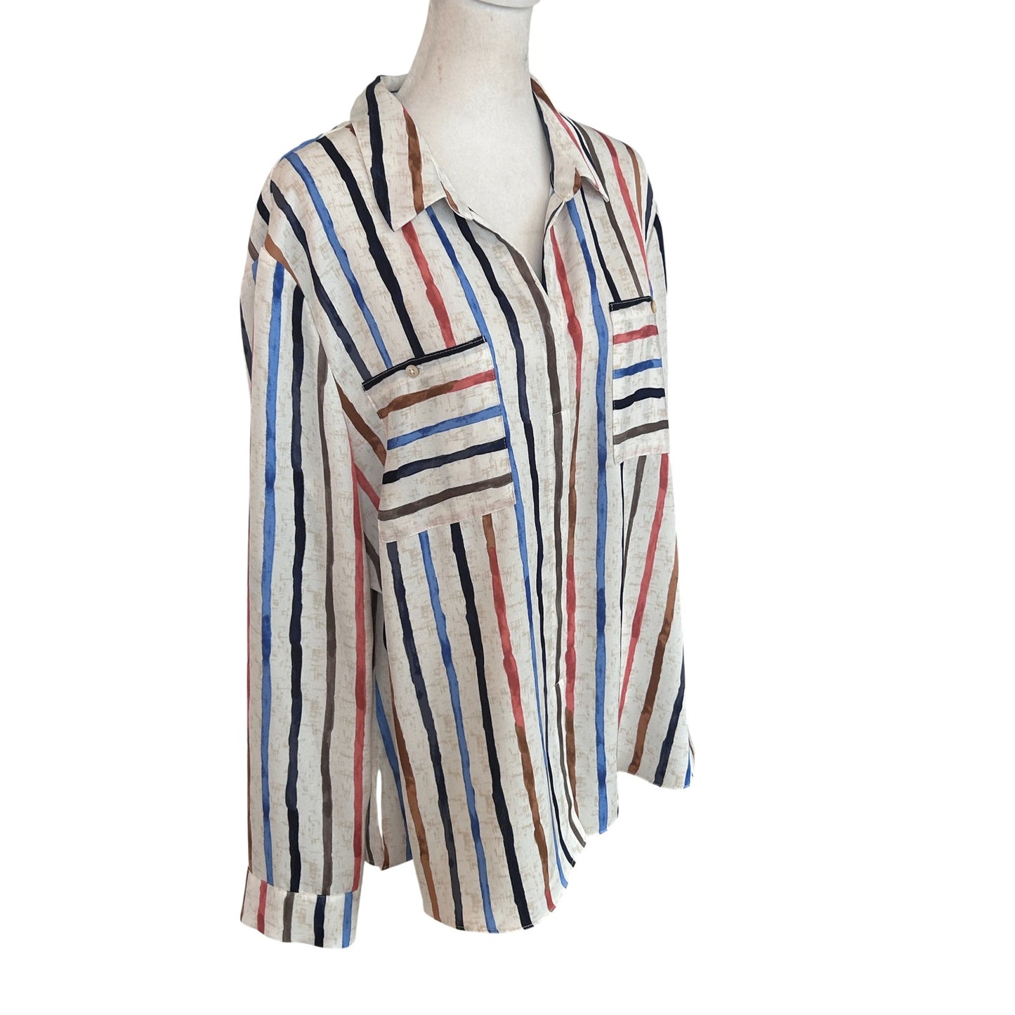 Nic + Zoe Ivory, Blue, Brown Striped V-Neck Top Blouse Womens Size XL
