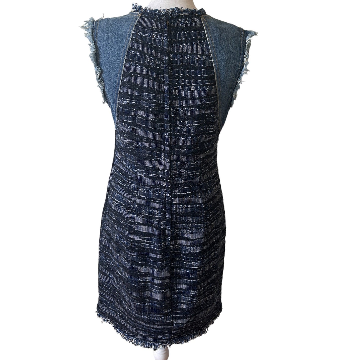 Rebecca Taylor Blue Tweed and Denim Sleeveless Shift Dress Fringe Womens Size 4