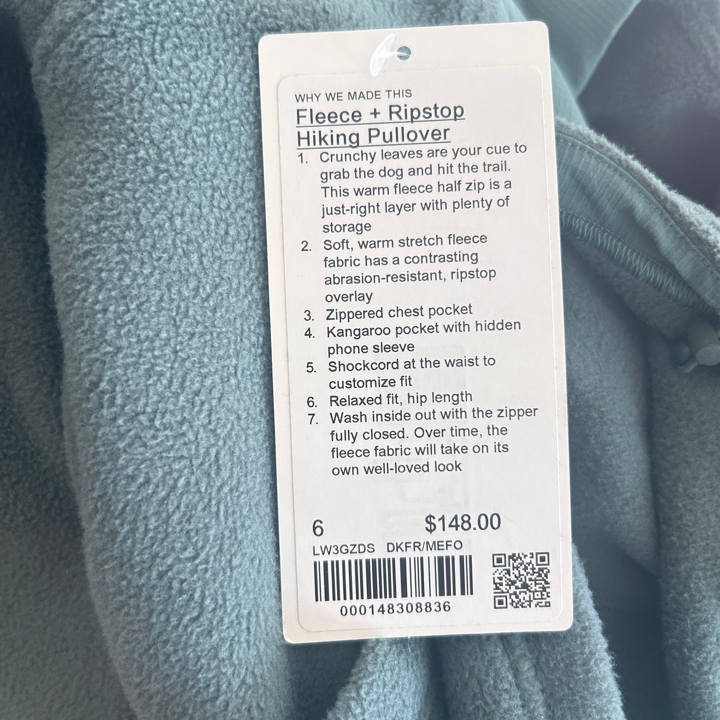 Lululemon NEW Green Fleece + Ripstop Hiking Pullover 1/4 Zip Womens Size 6 NWT