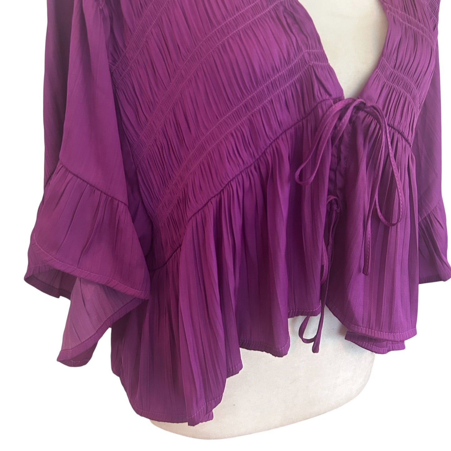 Anthropologie Magenta V-Neck Ruched Ruffled Boho Top Blouse Womens Size XS
