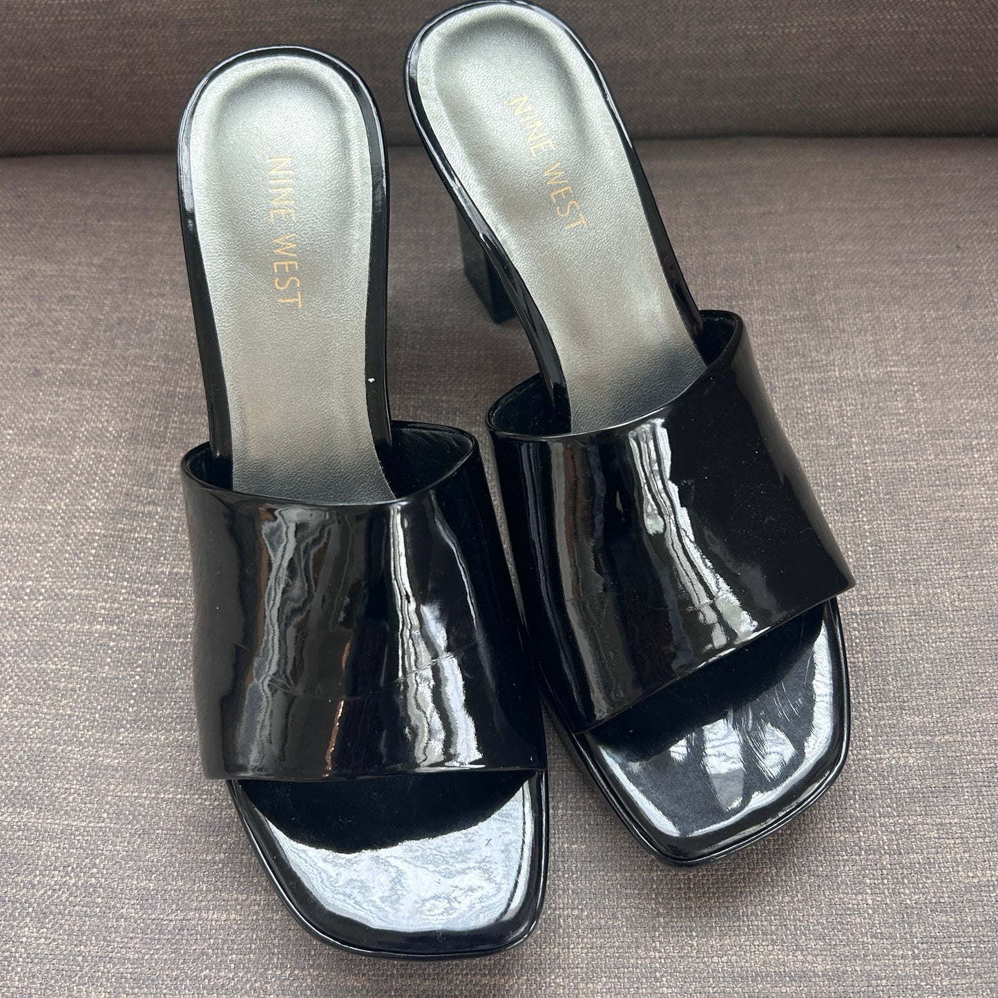 Nine West Black Patent Leather Platform Open Toe Slide Heel Size 8.5