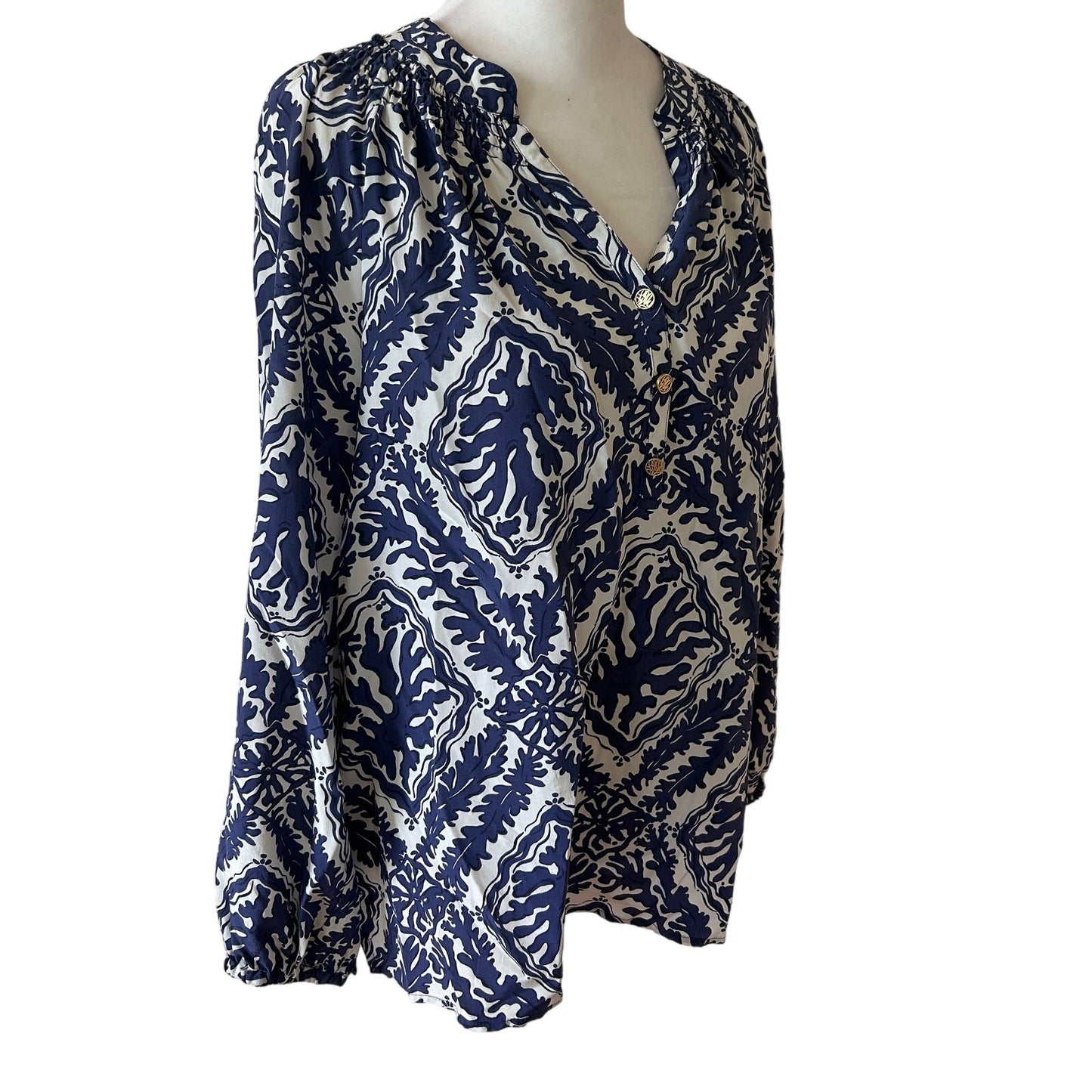 Lilly Pulitzer Elsa Silk Top Navy Blue and White Coral Design Beachy Size Small