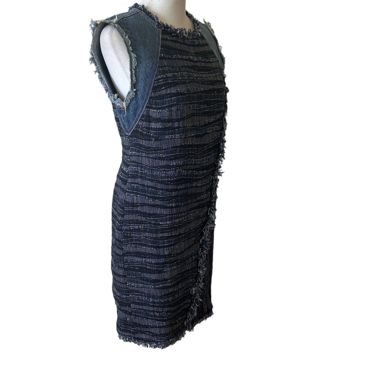 Rebecca Taylor Blue Tweed and Denim Sleeveless Shift Dress Fringe Womens Size 4