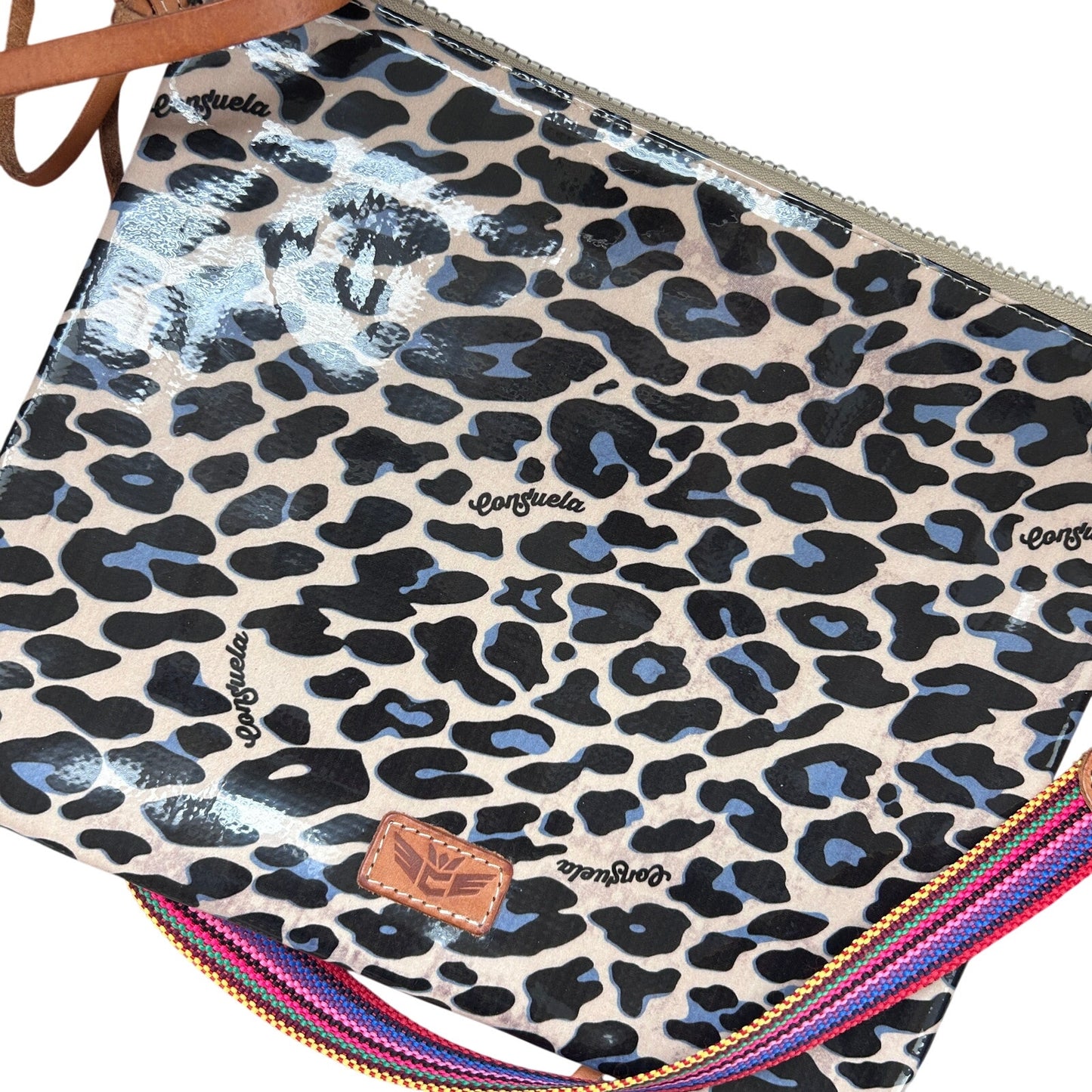 Consuela Blue Jag Downtown Crossbody Animal Print Woven Strap Patent Leather