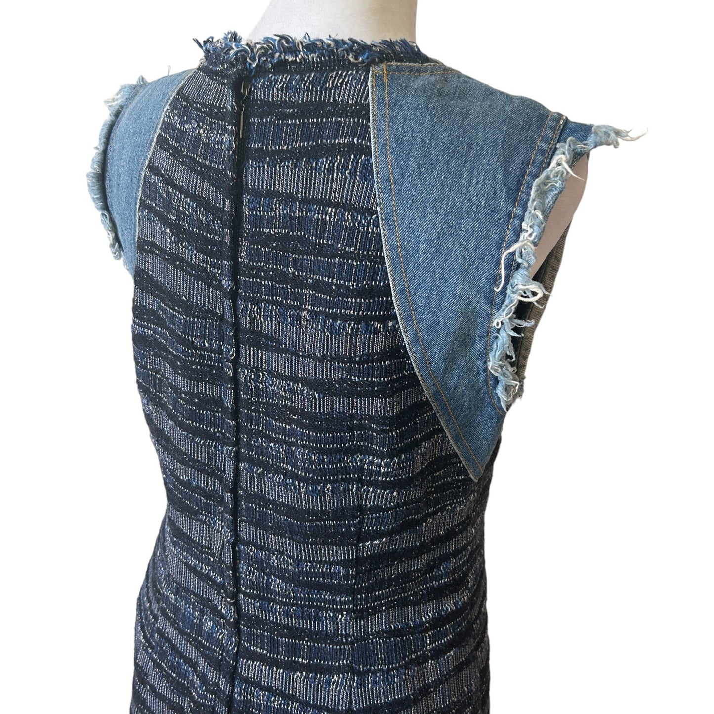 Rebecca Taylor Blue Tweed and Denim Sleeveless Shift Dress Fringe Womens Size 4