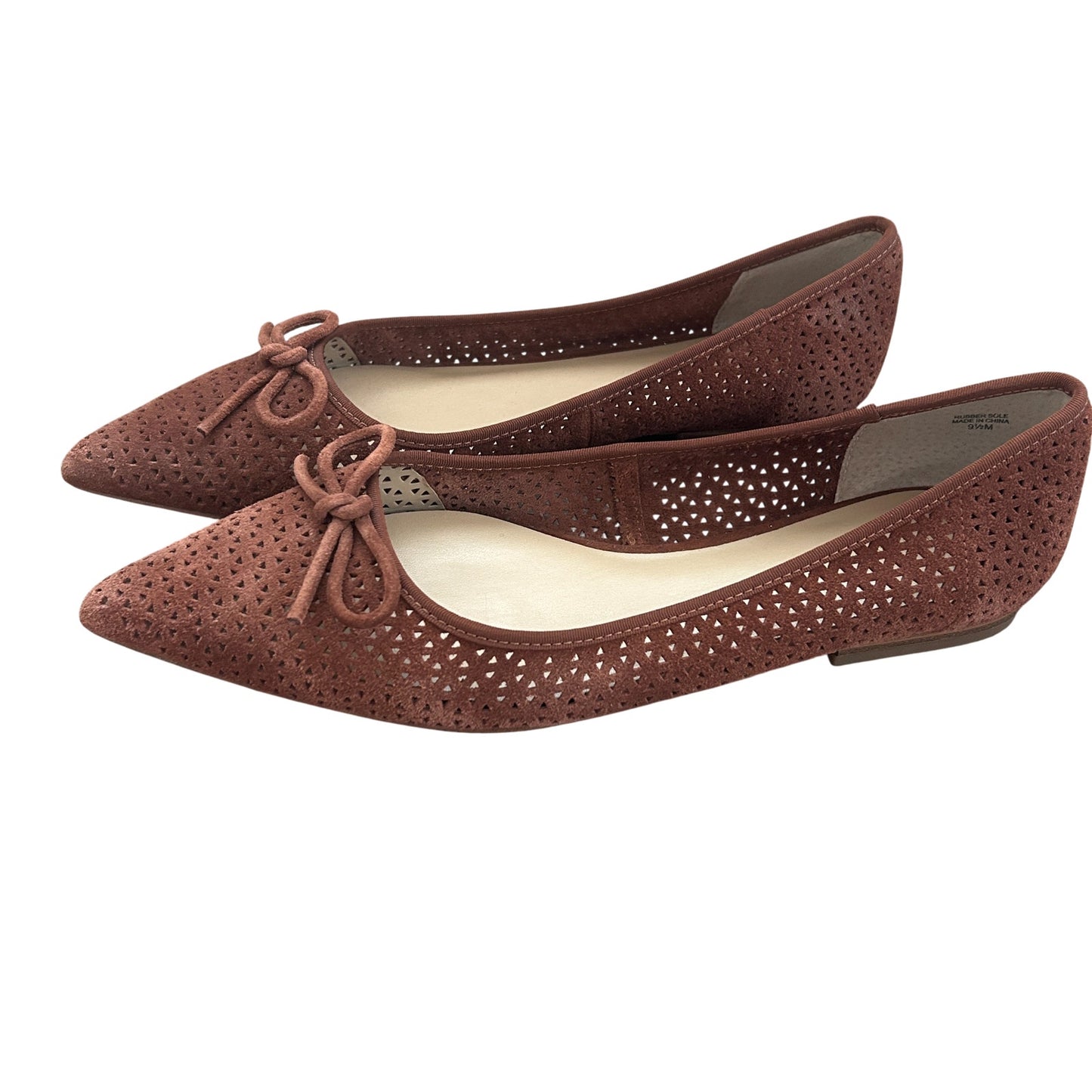 Ann Taylor Brown Suede Pointy Toe Ballet Flats Bow on Front Womens Size 9.5