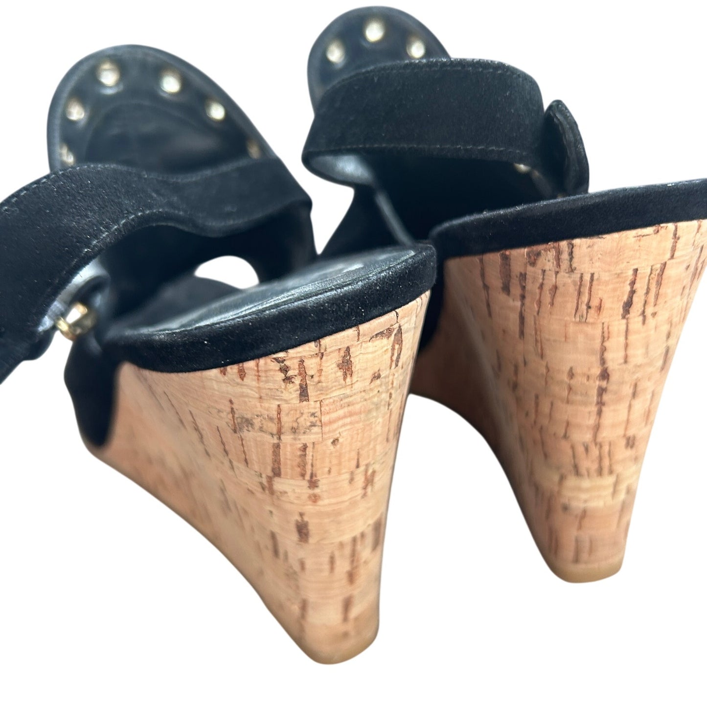Stuart Weitzman Black Suede Cork Wedge Peep Toe Slingback Sandals Womens Size 9