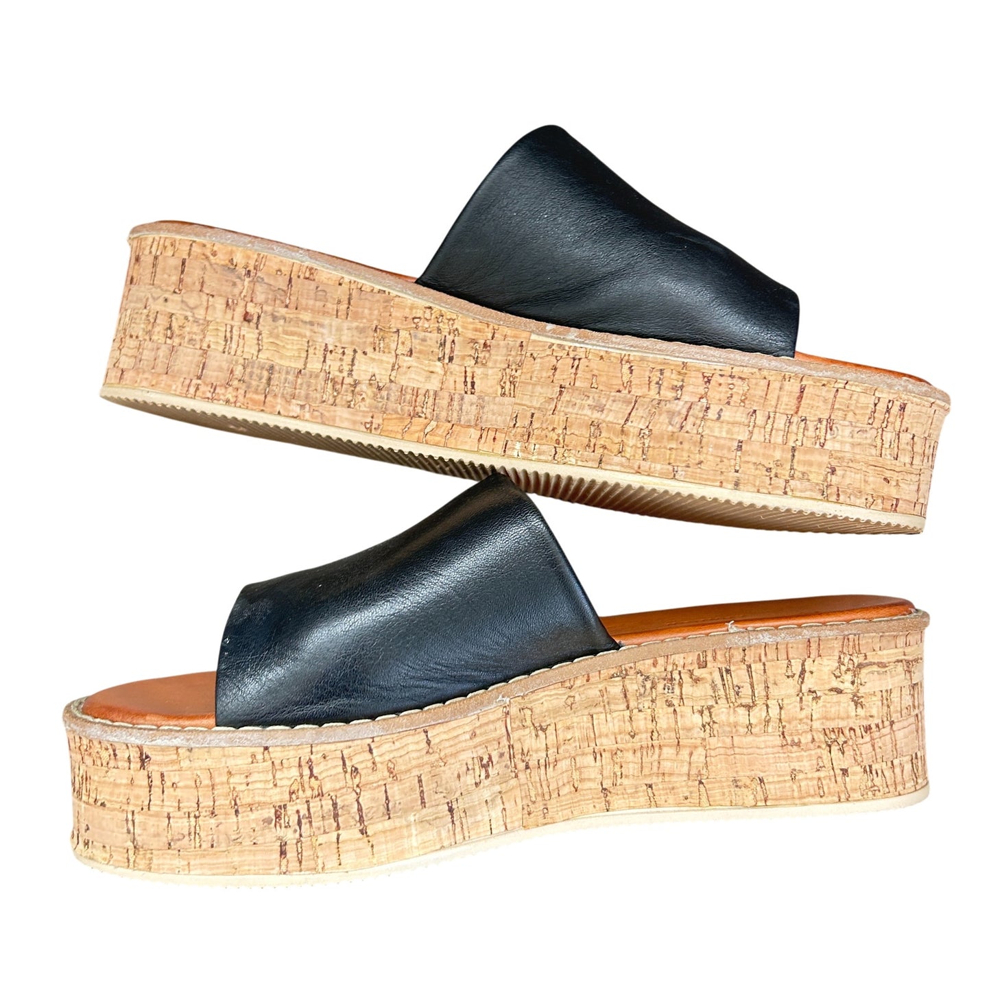 Kurt Geiger Maci Black Leather Cork Heel Platform Slide Sandals Womens Size 7