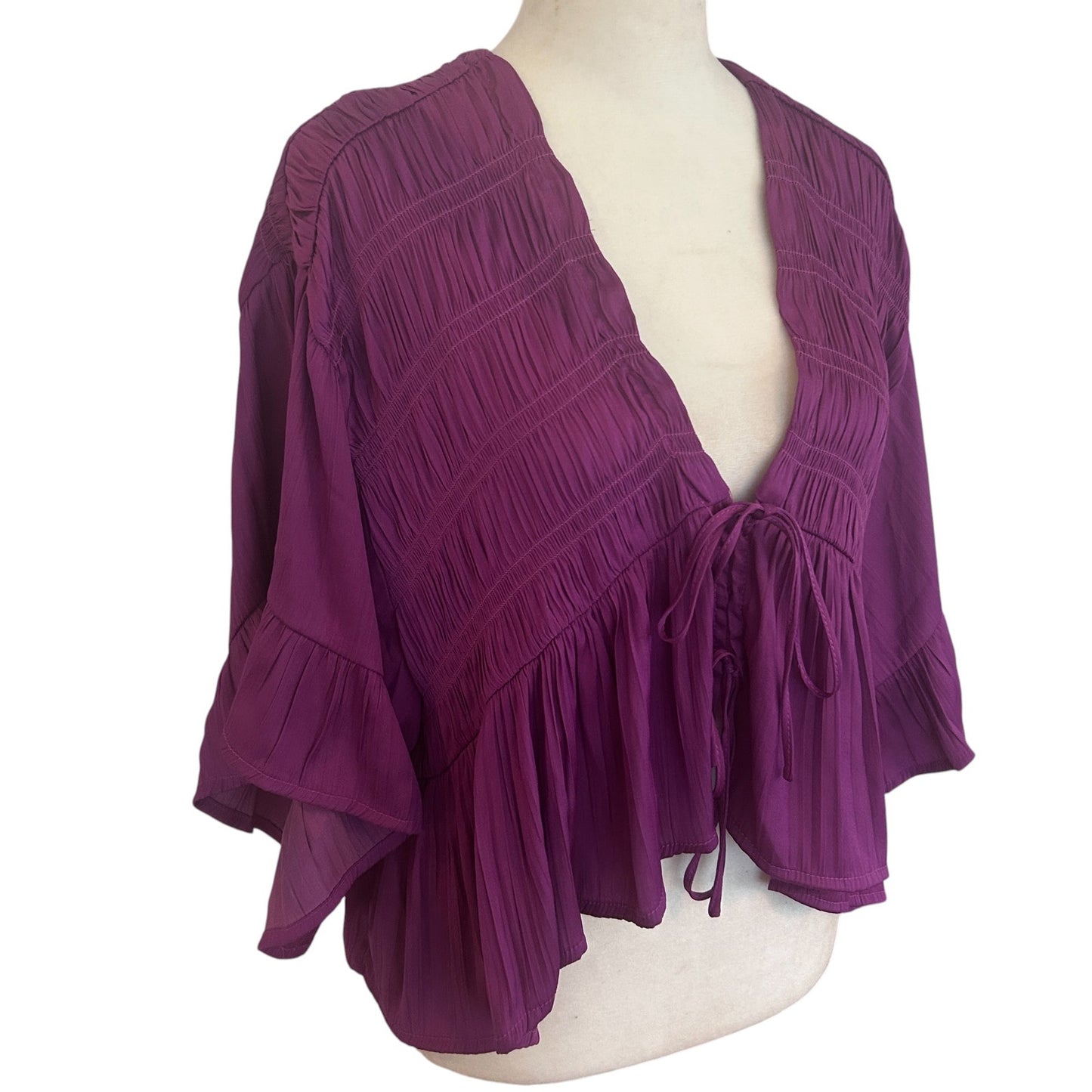 Anthropologie Magenta V-Neck Ruched Ruffled Boho Top Blouse Womens Size XS