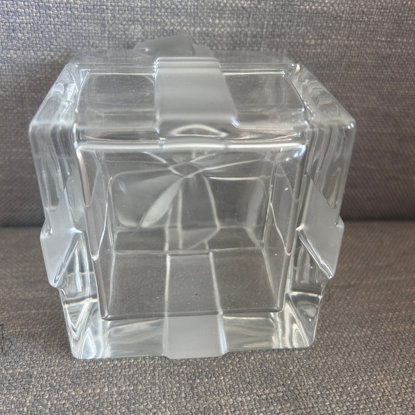 Tiffany Clear Glass Trinket / Jewelry Box Frosted Ribbon and Bow 3.25" Cube