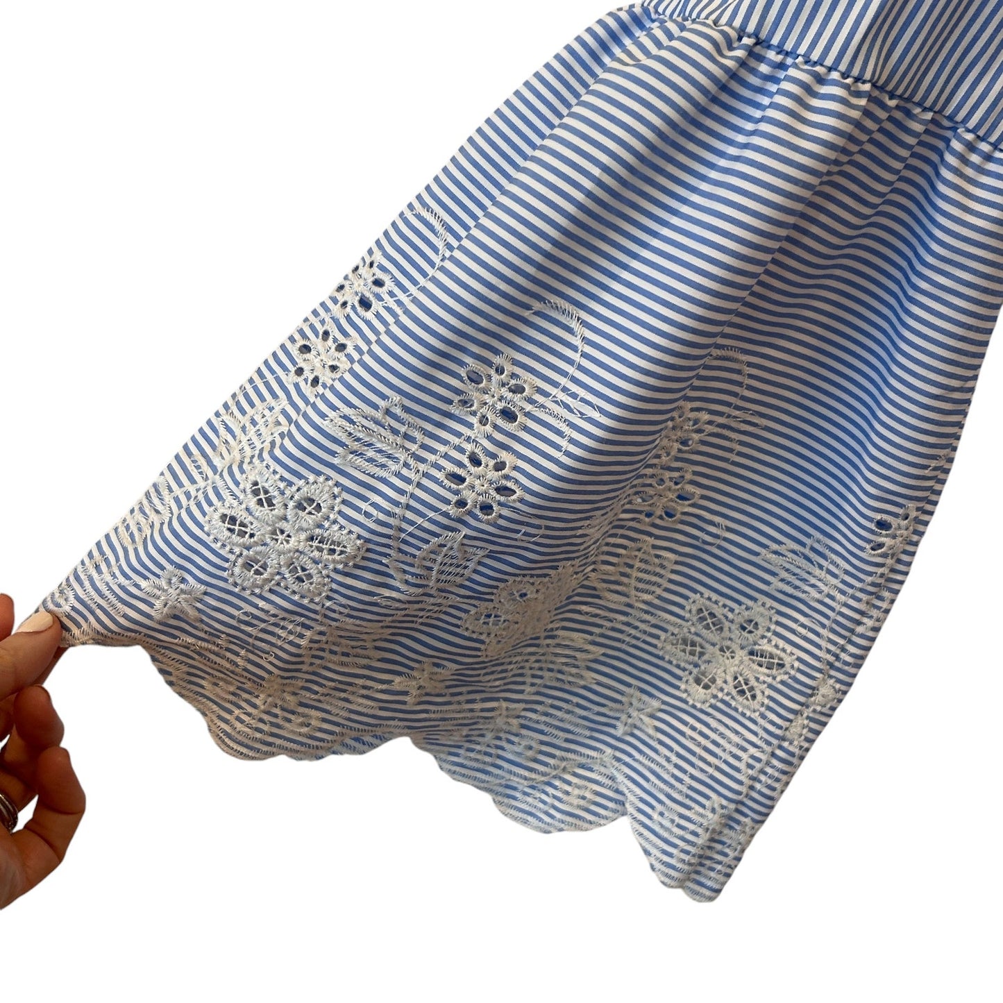 Kay Celine Blue White Stripe Eyelet Trim 3/4 Bell Sleeve Top Womens Size Medium