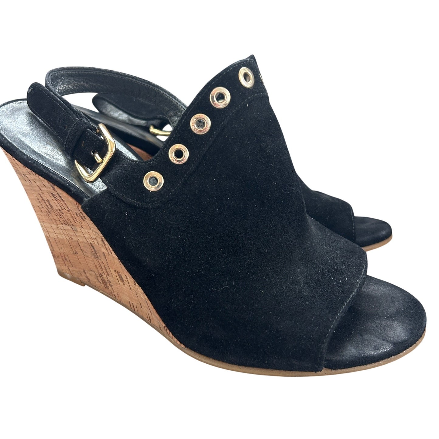 Stuart Weitzman Black Suede Cork Wedge Peep Toe Slingback Sandals Womens Size 9