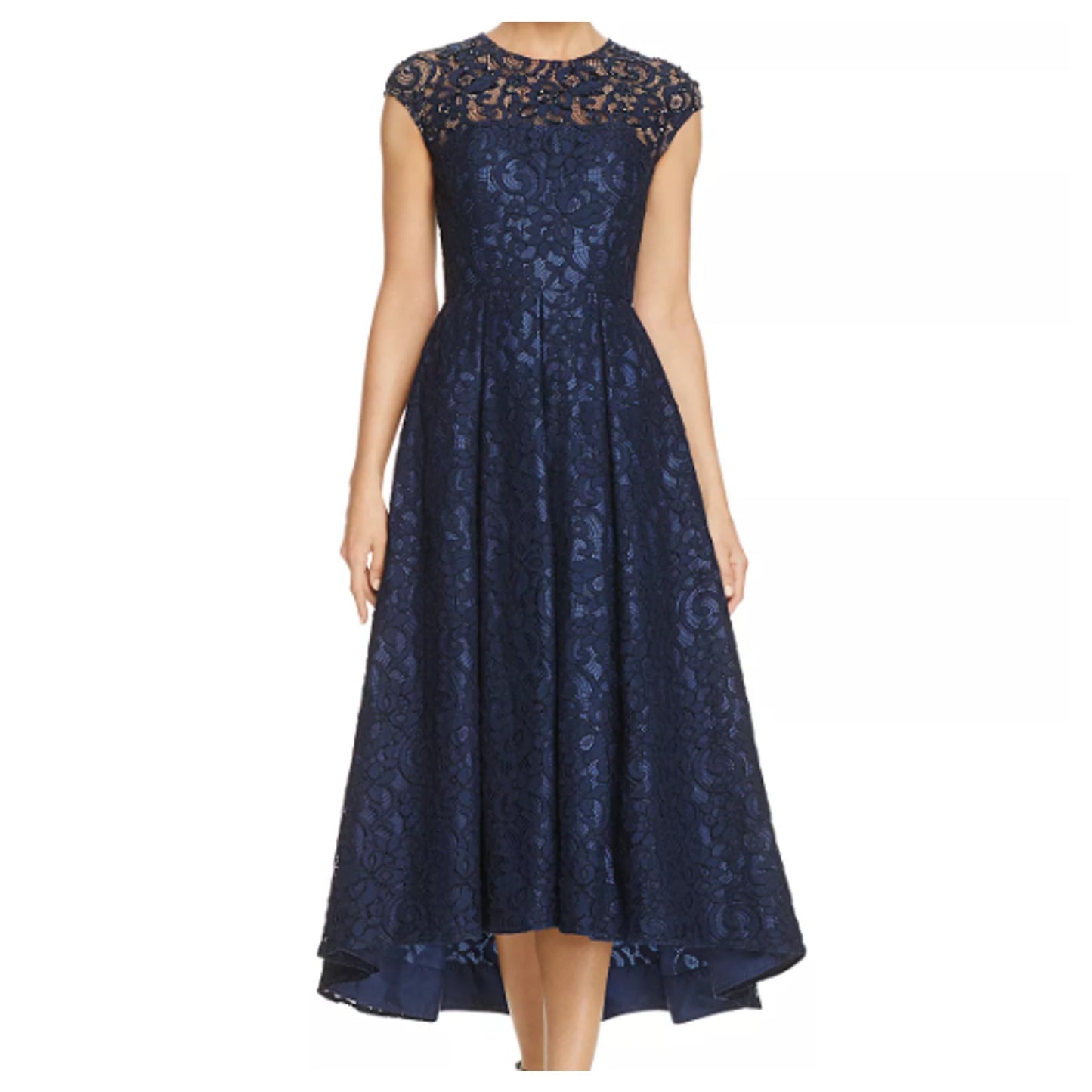 Carmen Marc Valvo Infusion Navy Blue Embellished Lace High Low Dress NEW Size 10