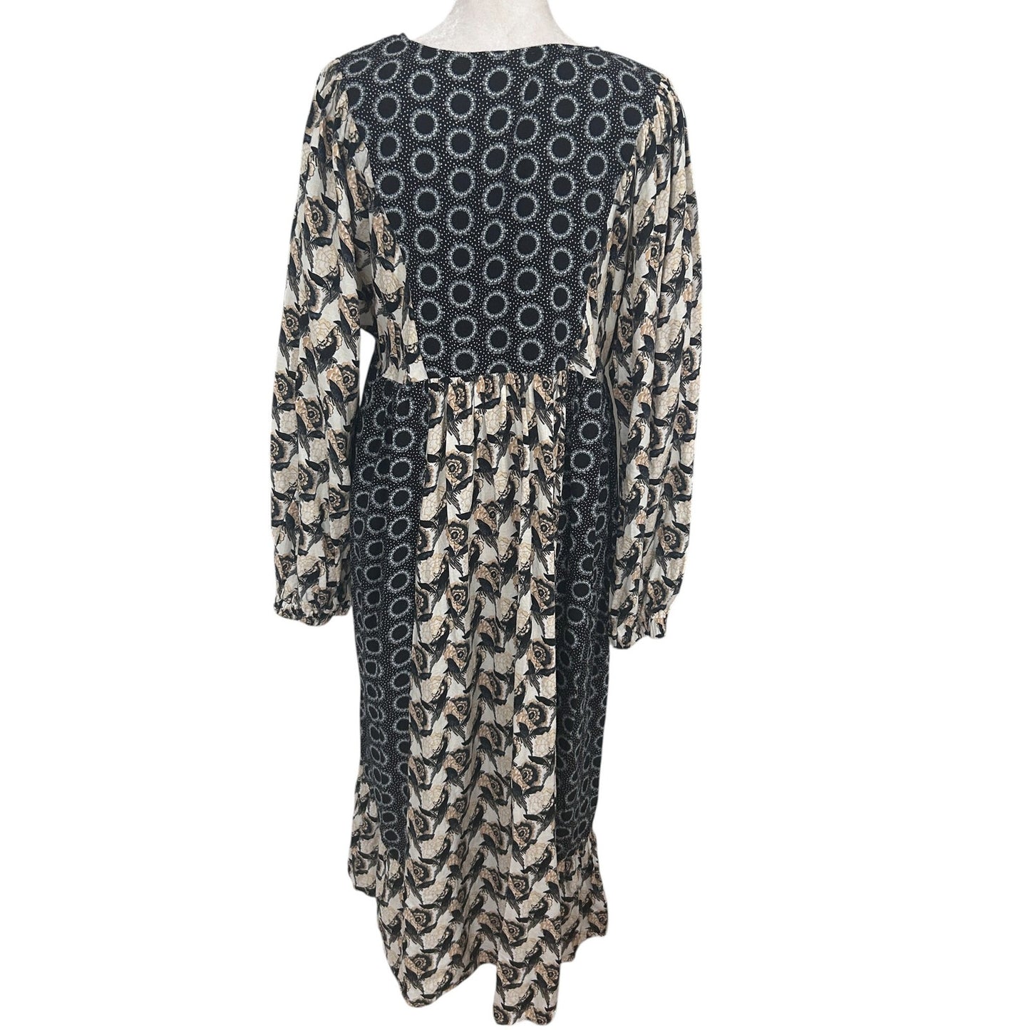 Treasure & Bond Black, Tan, Gold Floral Long Sleeve Maxi Dress Womens Size Large