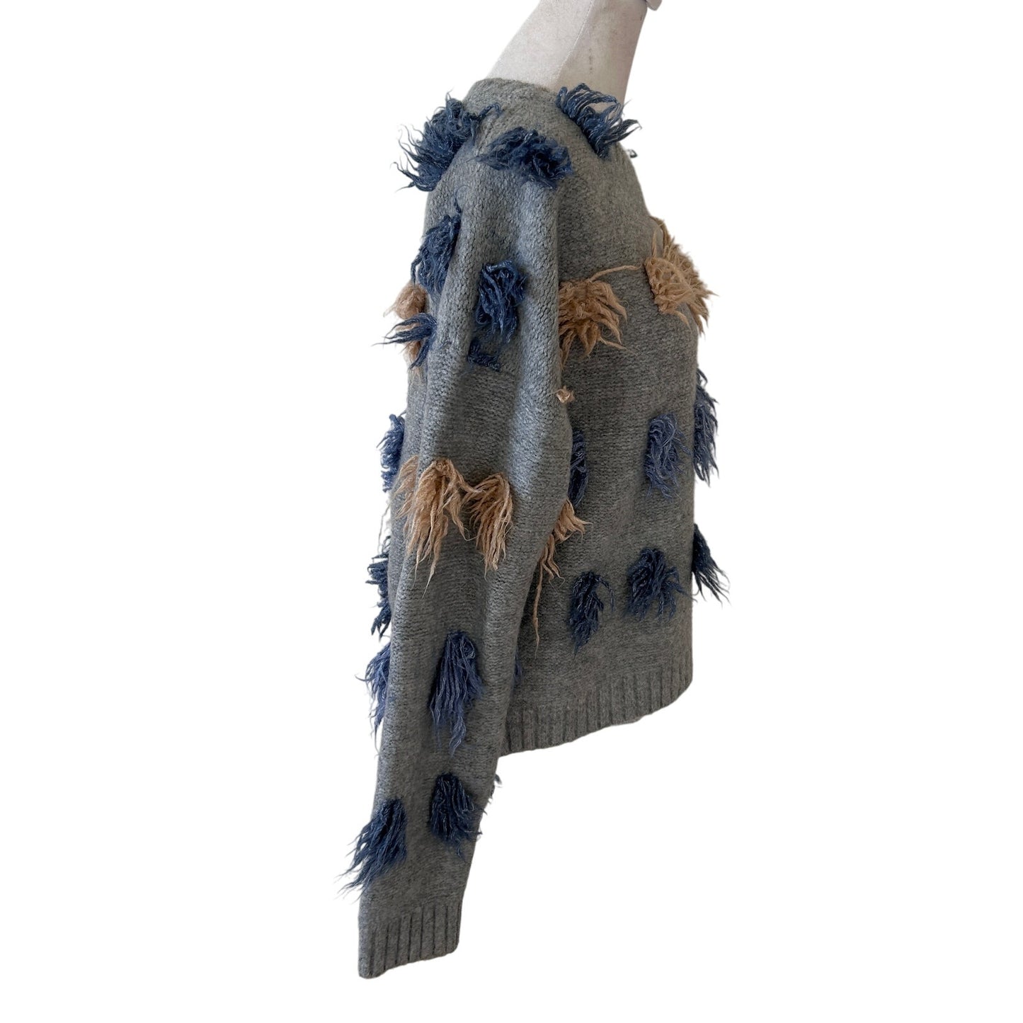 THML Gray, Blue, Tan Fringed Long Sleeve Pullover Sweater Womens Size Small