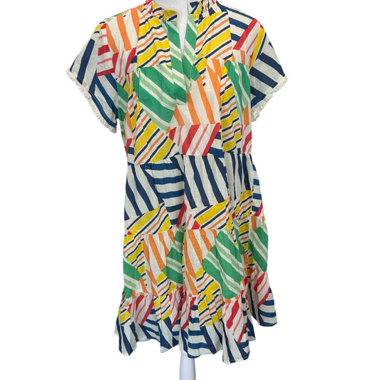 THML Bright Colors Geometric V-Neck Boho Mini Ruffled Dress Womens Size Small