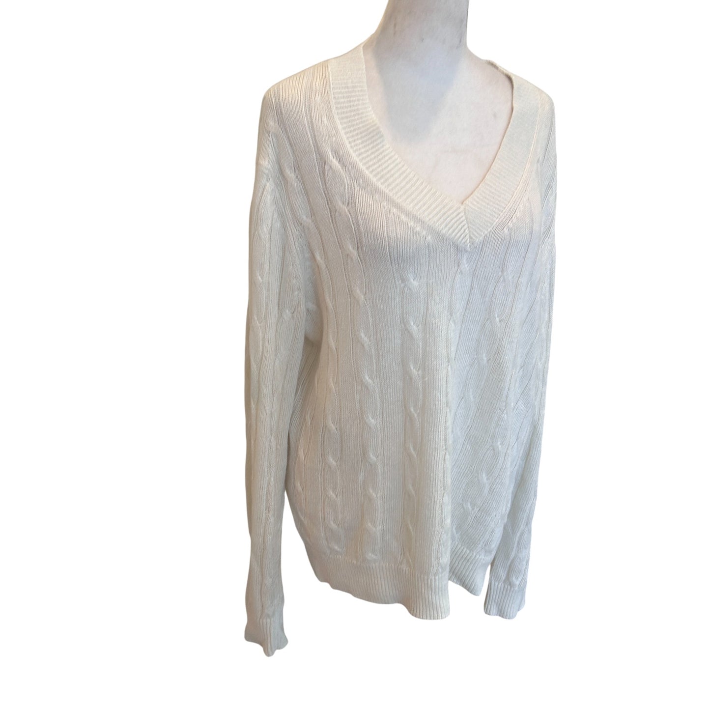 Brooks Brothers Ivory Linen V-Neck Cable Knit Sweater Womens Size Large