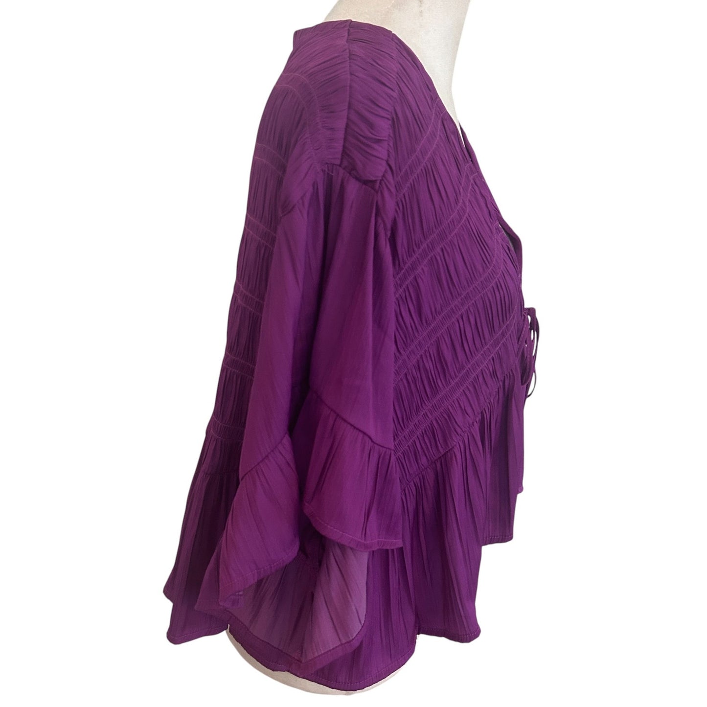 Anthropologie Magenta V-Neck Ruched Ruffled Boho Top Blouse Womens Size XS