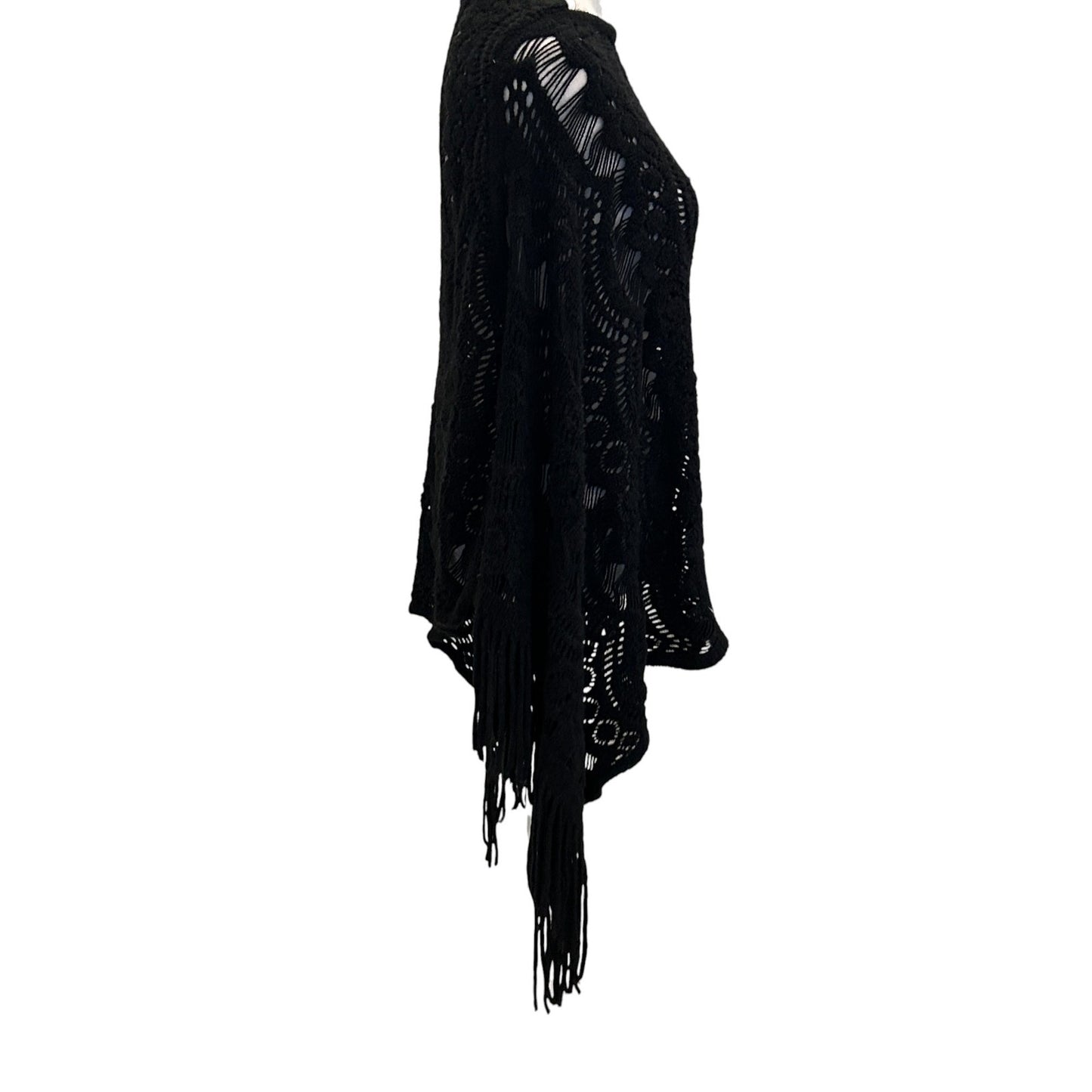 Do Everything In Love Black Crocheted and Fringed Poncho One Size