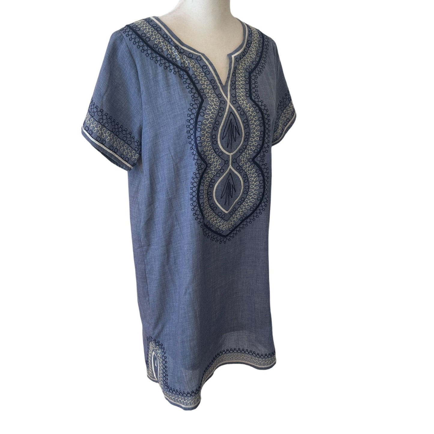 THML Blue Chambray Embroidered V-Neck Boho Mini Shift Dress Womens Size Small