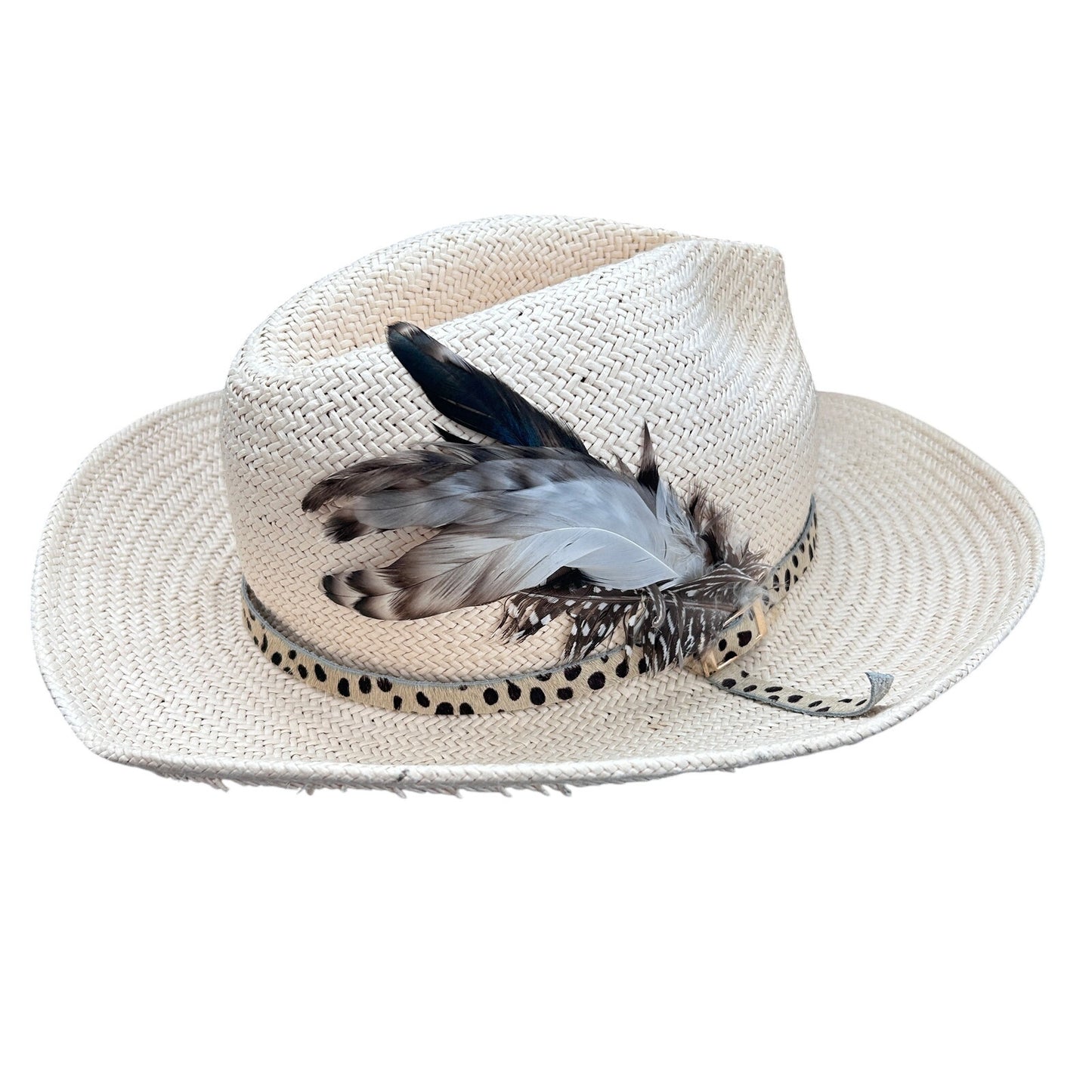India Hicks Hat Attack Tan Straw Hat With Animal Print Band and Feather