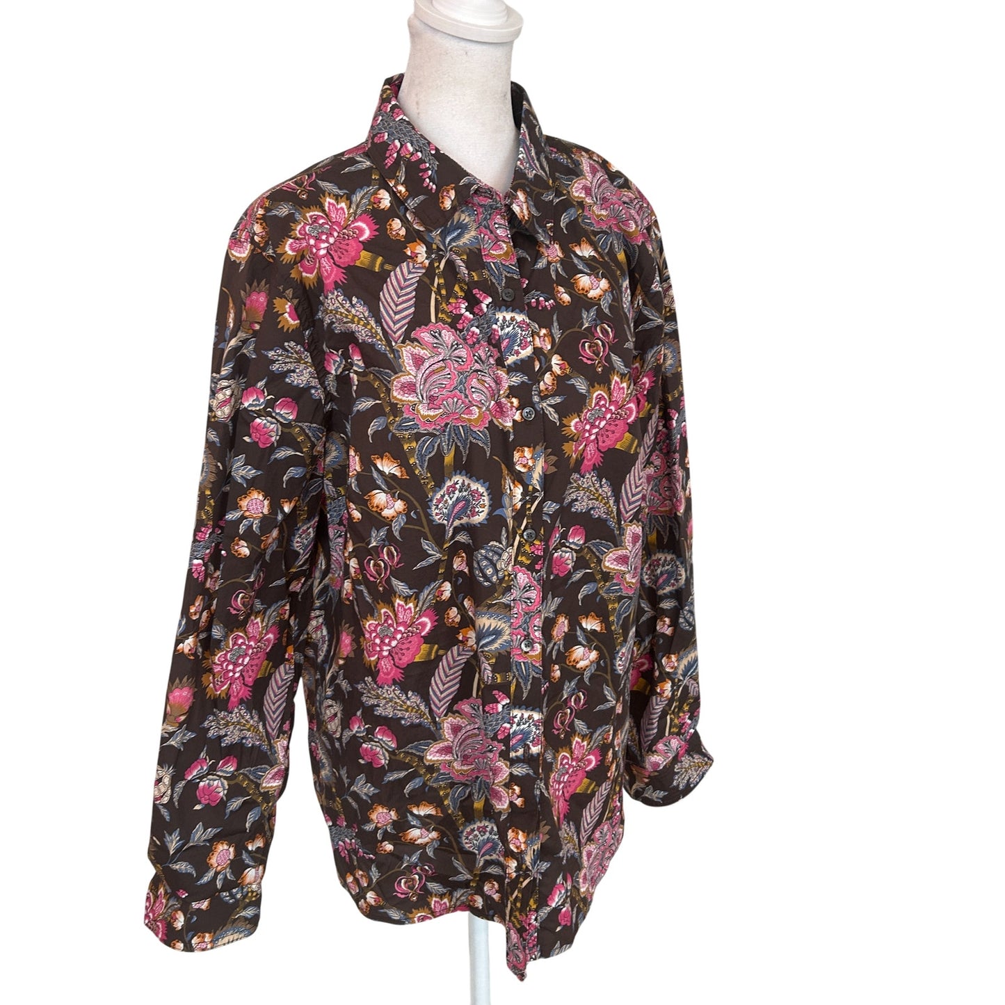 J. McLaughlin Brown and Pink Floral Button Down Top Womens Size XL