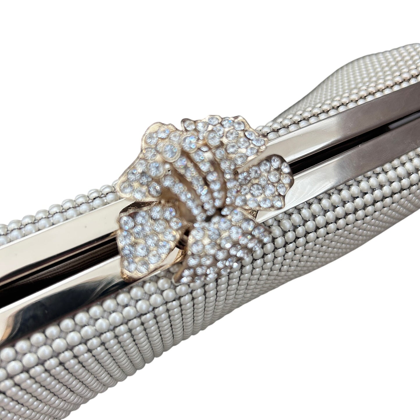 Whiting & Davis NWT Ivory and Gold Beaded Clutch With Chain Strap NEW