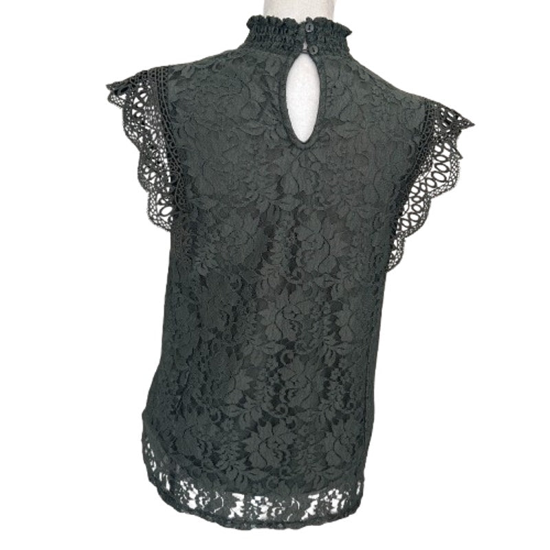 Cable & Gauge Olive Green Lace Flutter Sleeve Mock Neck Blouse Womens Size Small