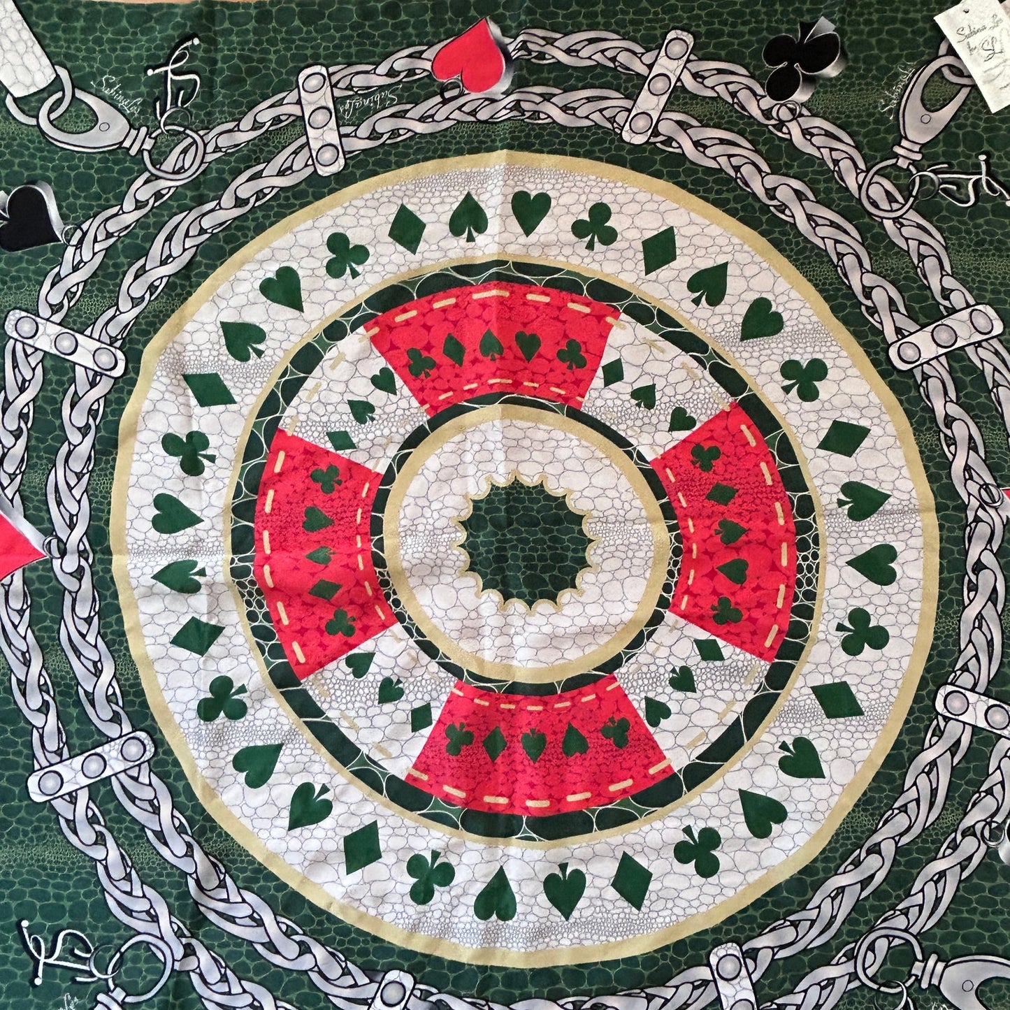 Sabina Les 100% Silk Scarf Green, Yellow, Red Clubs Diamonds Hearts Spades NWT