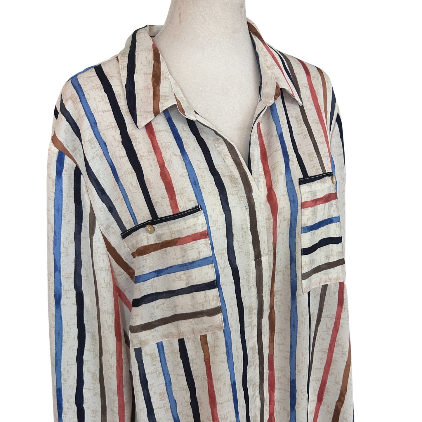 Nic + Zoe Ivory, Blue, Brown Striped V-Neck Top Blouse Womens Size XL