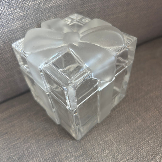 Tiffany Clear Glass Trinket / Jewelry Box Frosted Ribbon and Bow 3.25" Cube
