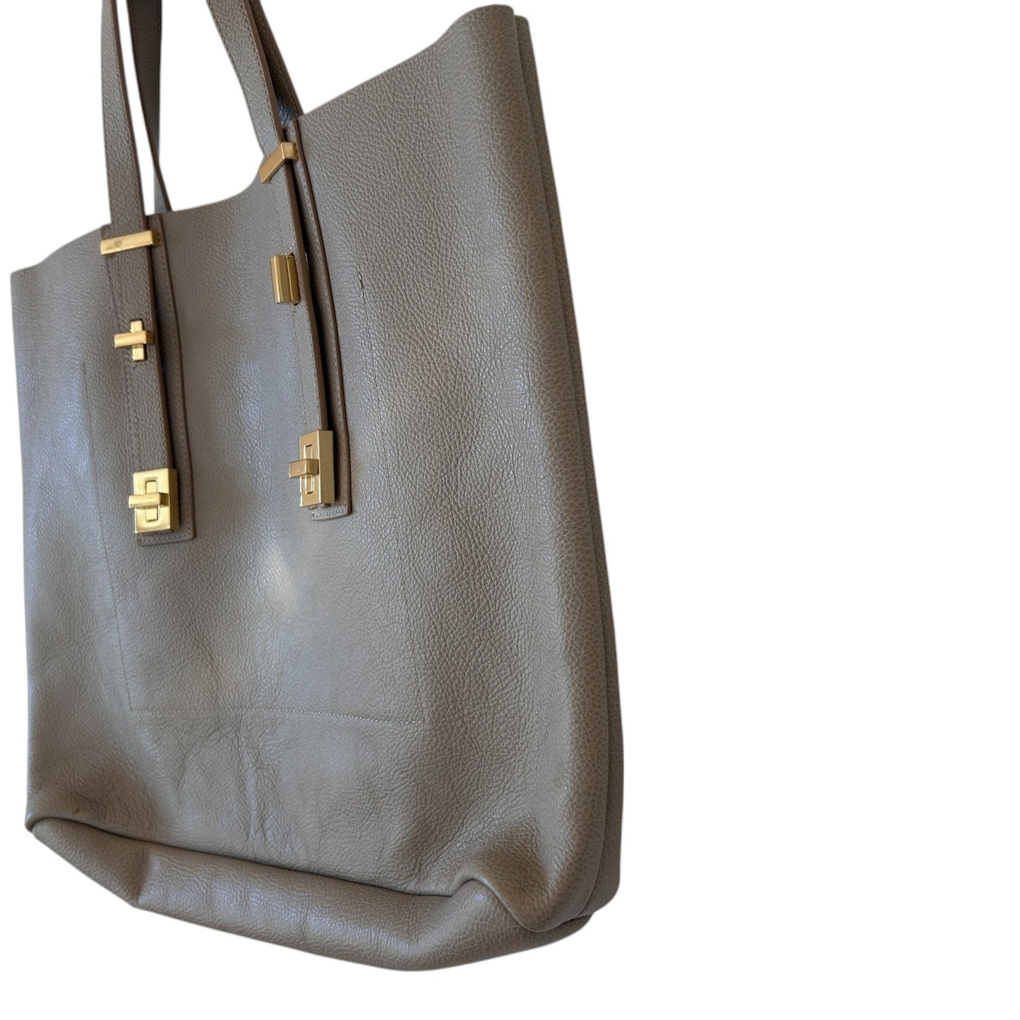 India Hicks Taupe Pebbled Leather Shoulder Tote Bag Gold Accents