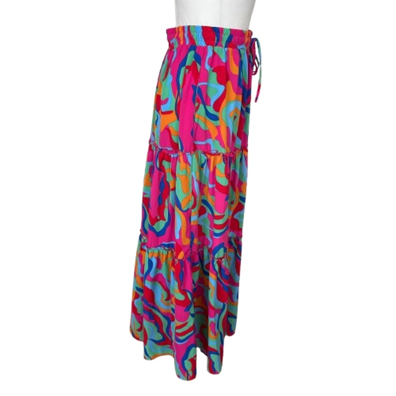 Pink, Blue, Green, Orange, Red Patterned BohoTiered Maxi Skirt Womens Size Small