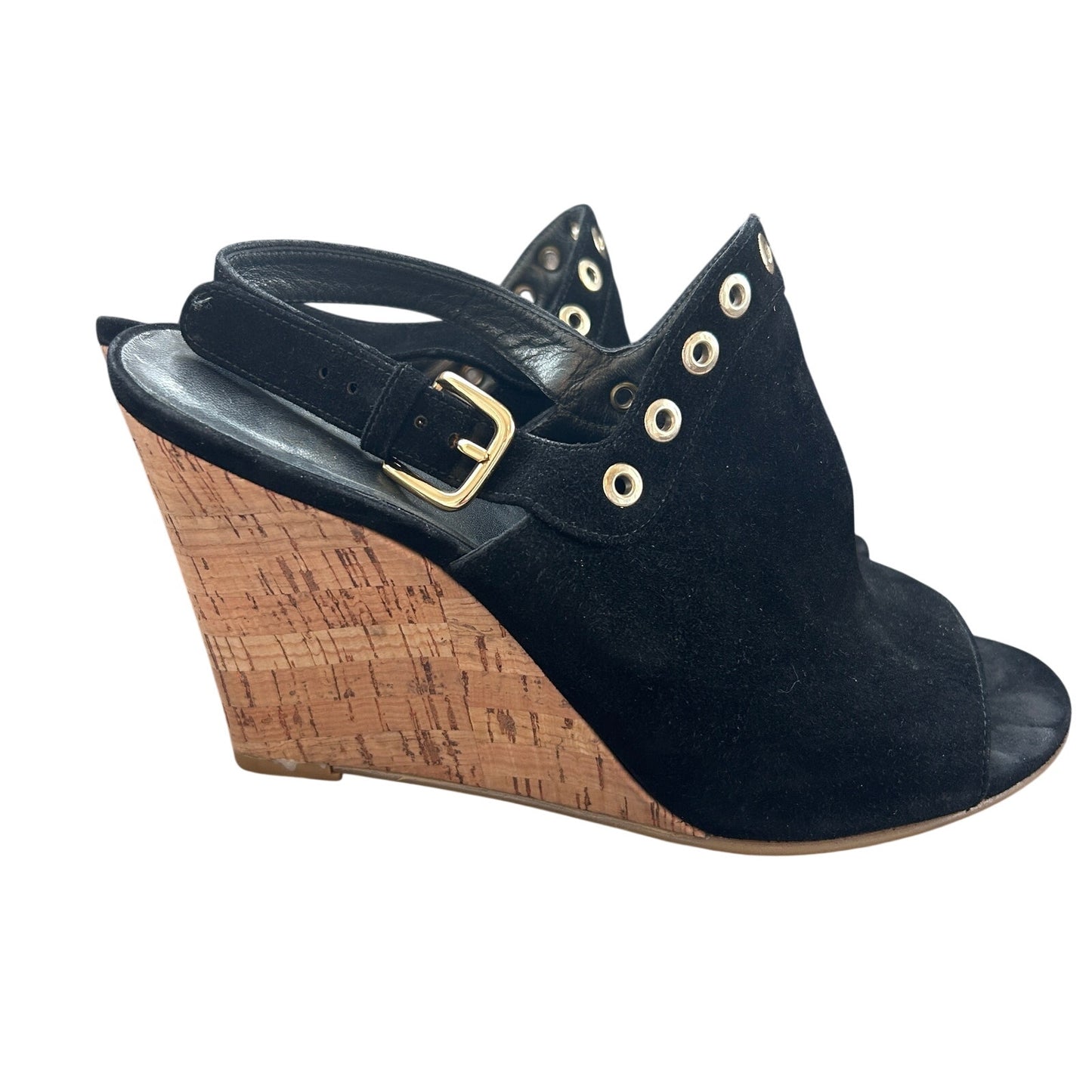 Stuart Weitzman Black Suede Cork Wedge Peep Toe Slingback Sandals Womens Size 9
