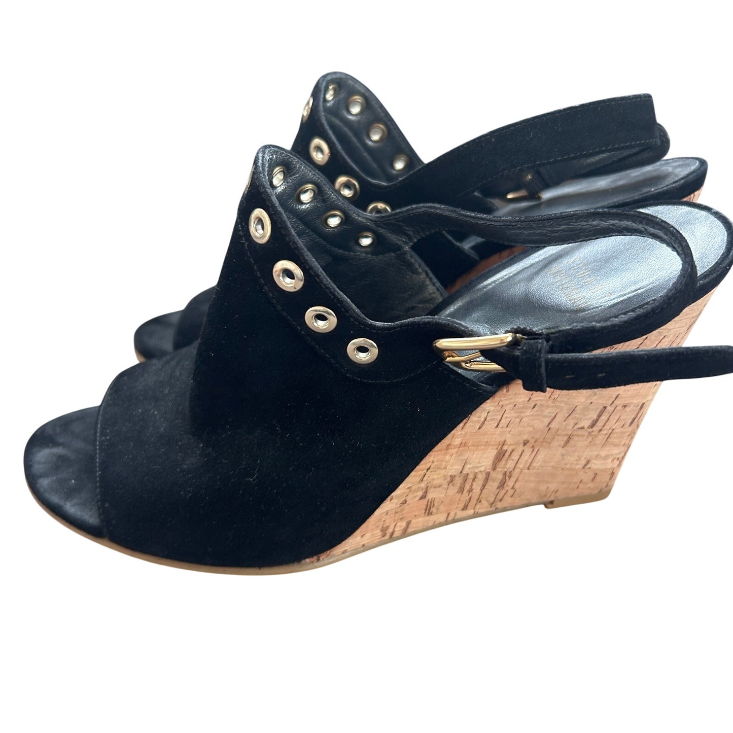 Stuart Weitzman Black Suede Cork Wedge Peep Toe Slingback Sandals Womens Size 9