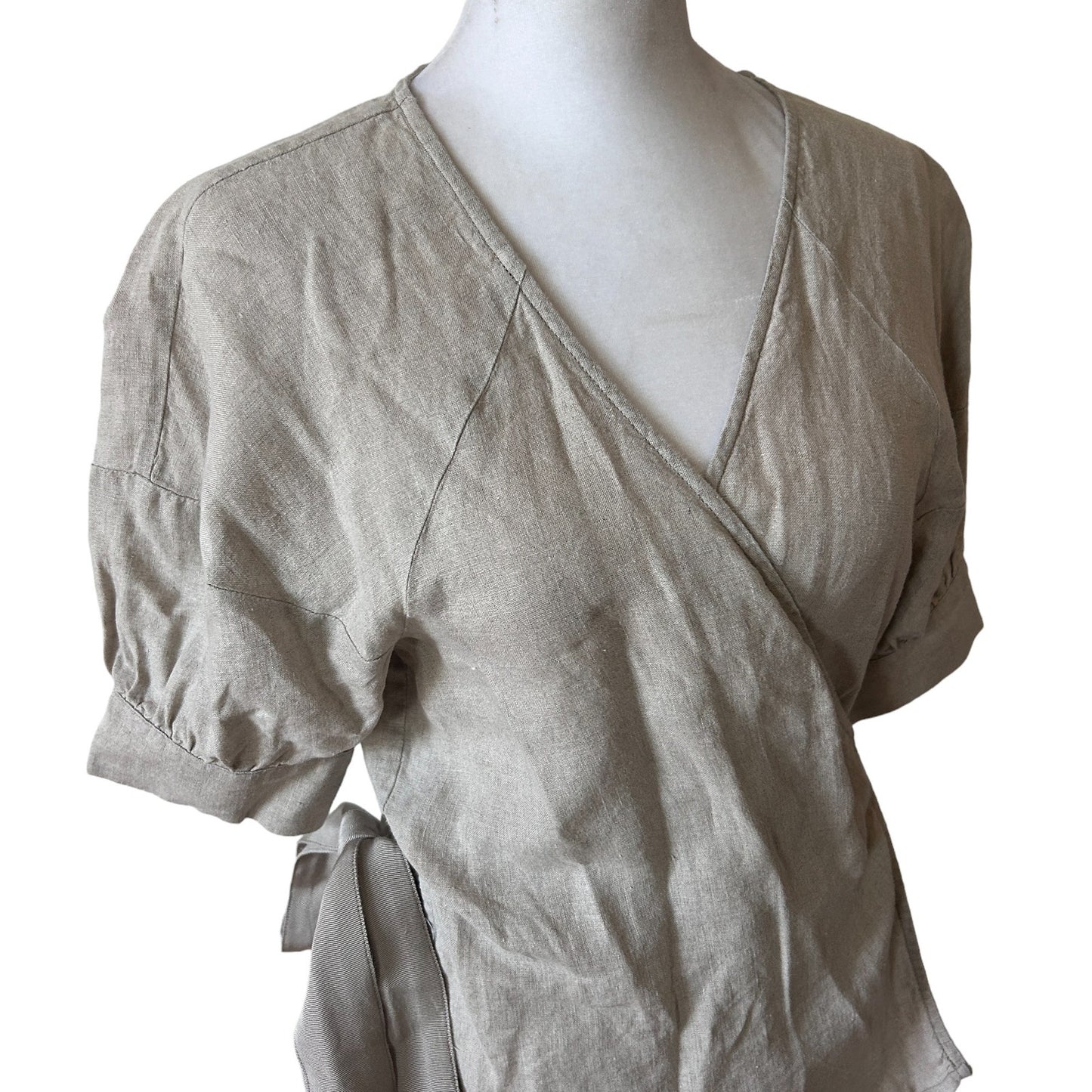 Club Monaco Tan Beige Linen Short Sleeve Wrap Top Blouse Womens Size XS