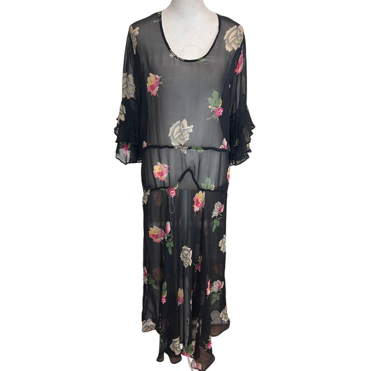 Harari Vintage Black Floral 100% Silk Long Maxi Dress Womens Size Small USA Made