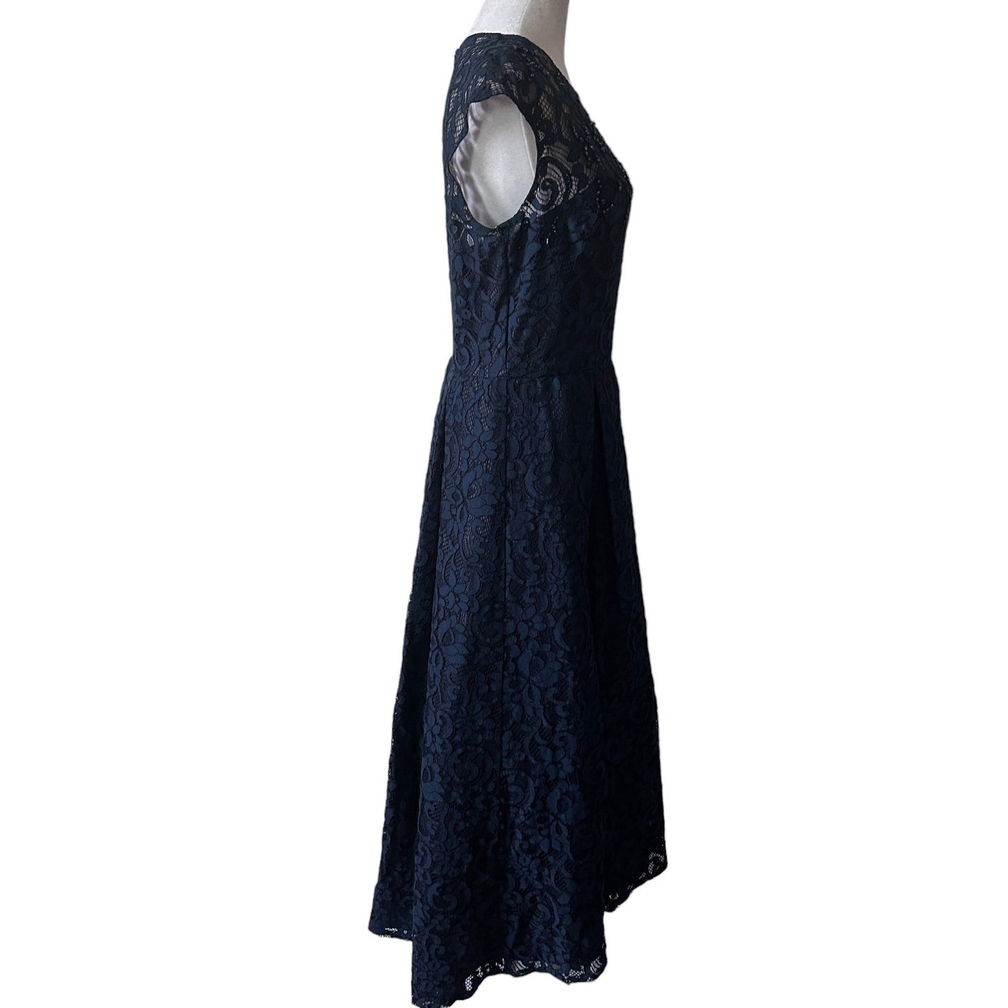 Carmen Marc Valvo Infusion Navy Blue Embellished Lace High Low Dress NEW Size 10
