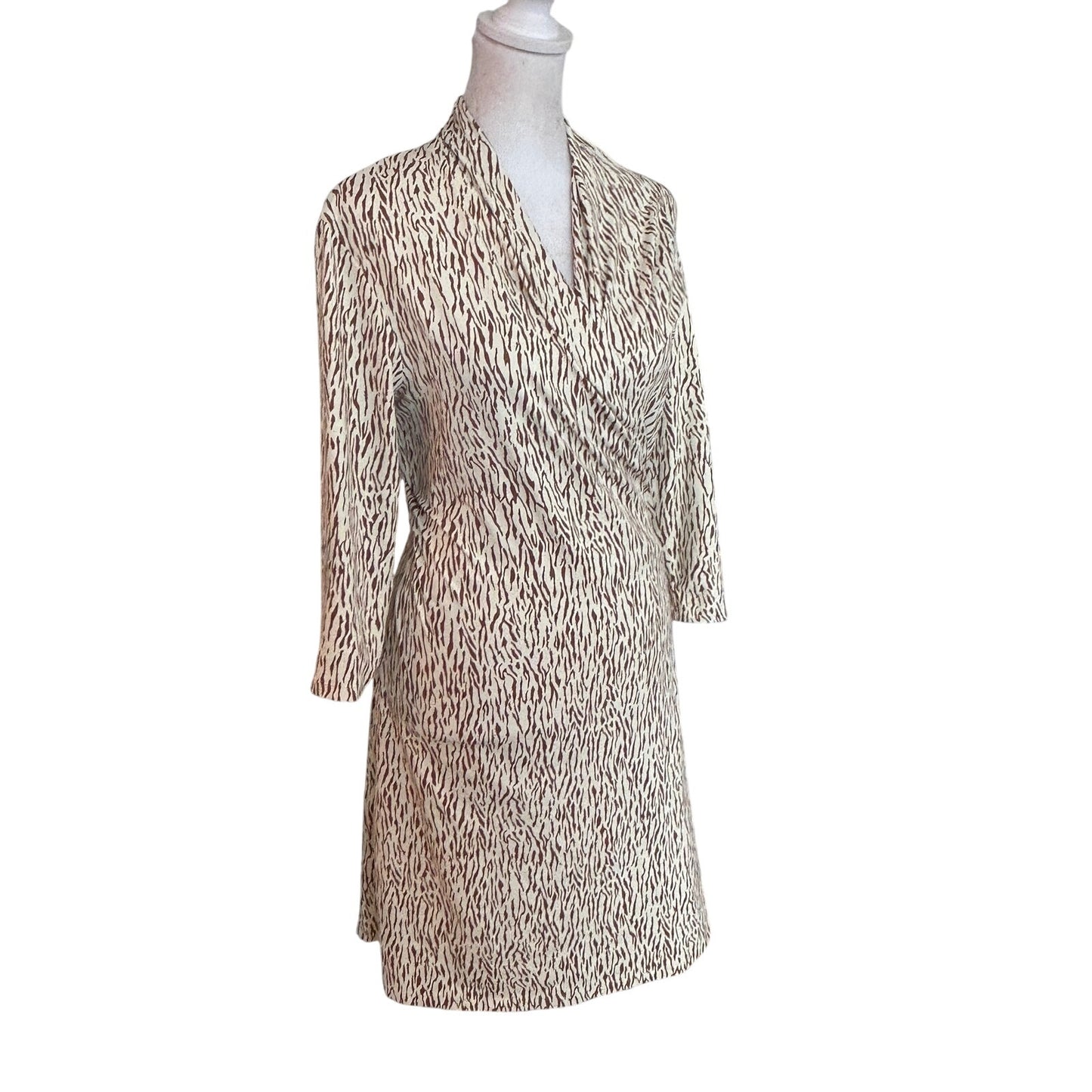 J. McLaughlin Tan, Animal Print 3/4 Sleeve Stretch Wrap Dress Womens Size Small