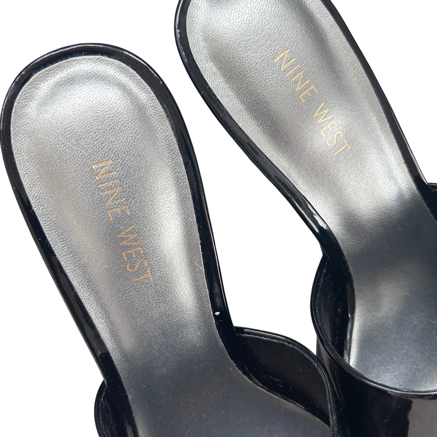 Nine West Black Patent Leather Platform Open Toe Slide Heel Size 8.5