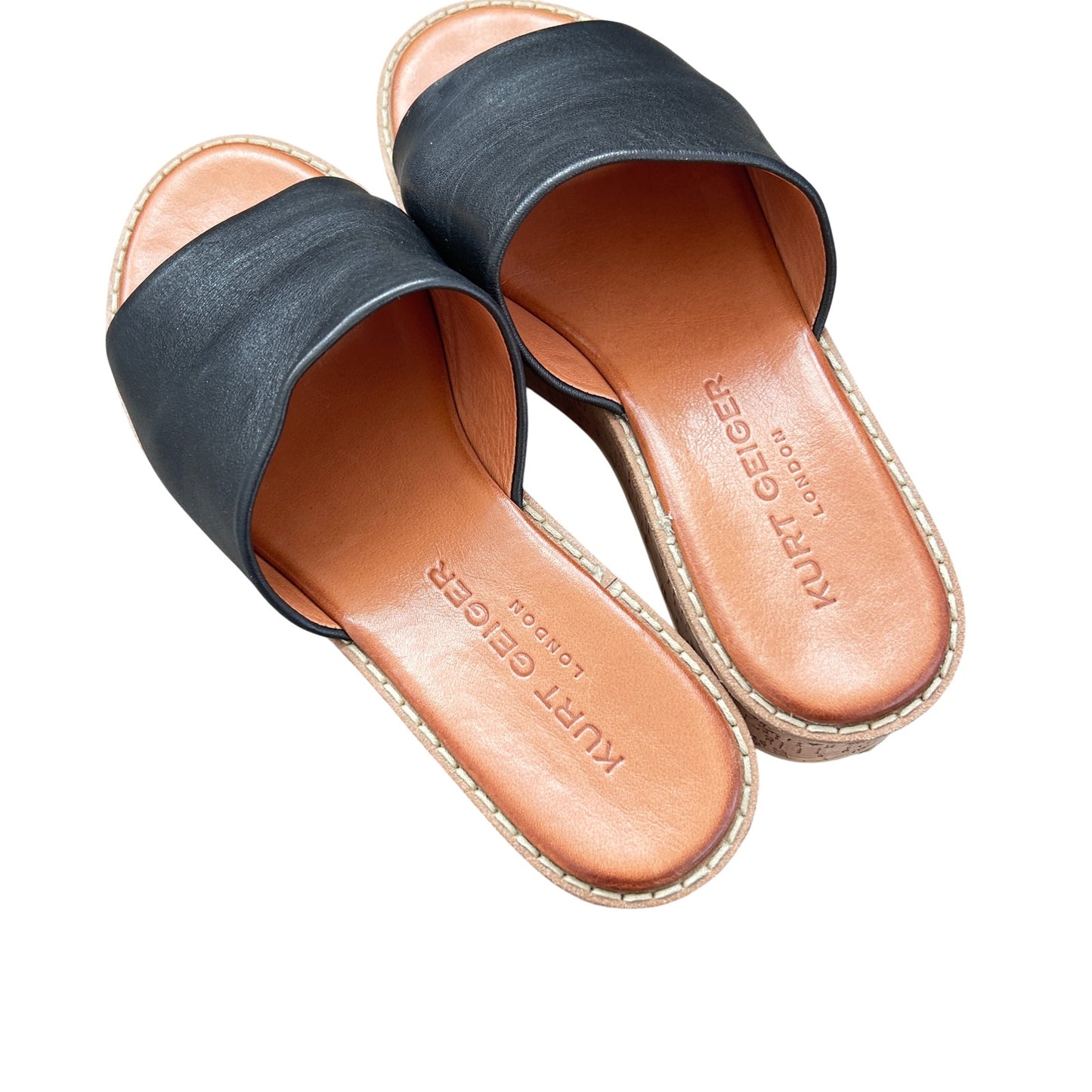 Kurt Geiger Maci Black Leather Cork Heel Platform Slide Sandals Womens Size 7