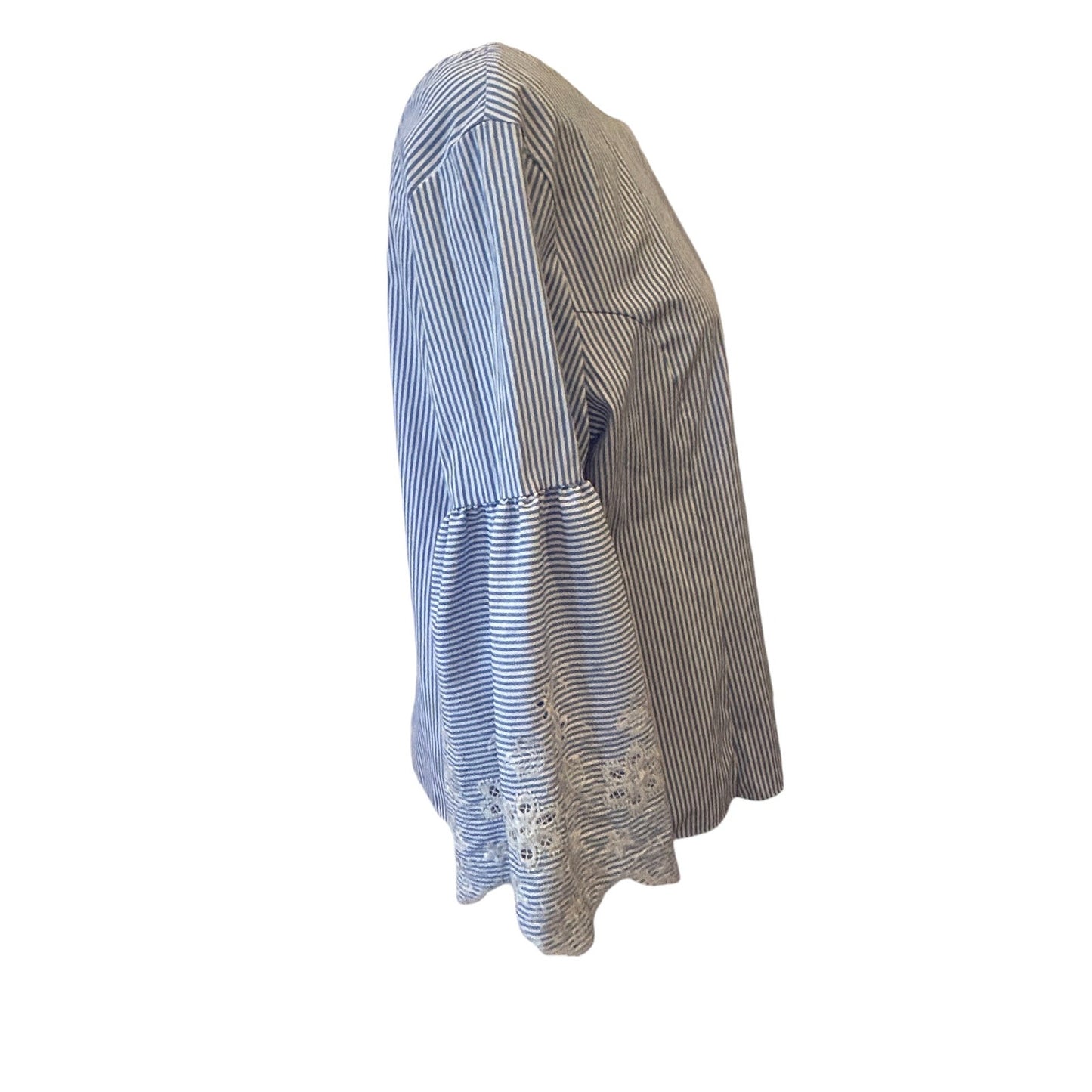 Kay Celine Blue White Stripe Eyelet Trim 3/4 Bell Sleeve Top Womens Size Medium