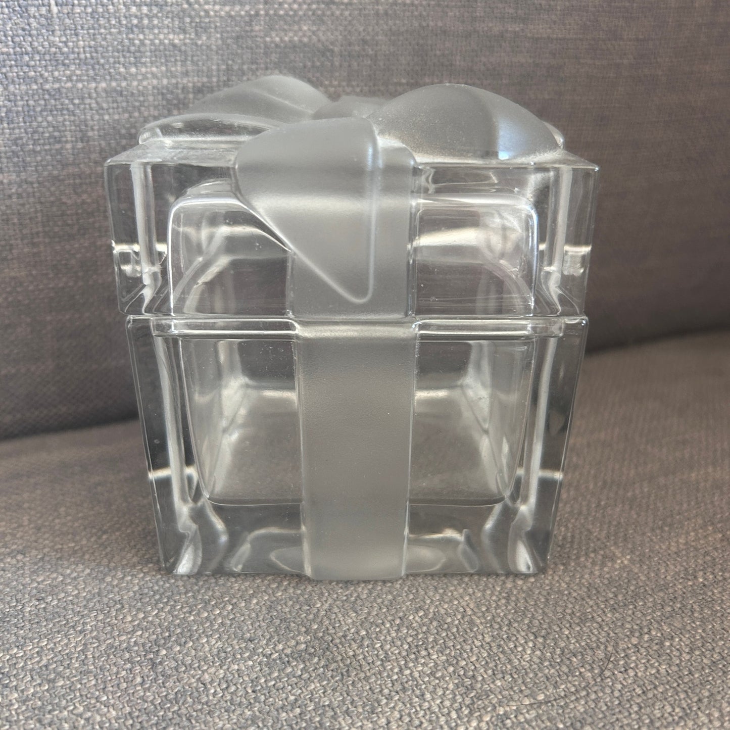 Tiffany Clear Glass Trinket / Jewelry Box Frosted Ribbon and Bow 3.25" Cube