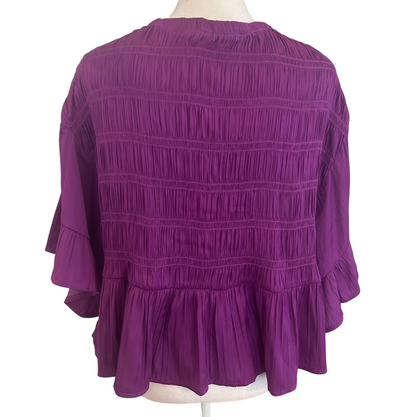 Anthropologie Magenta V-Neck Ruched Ruffled Boho Top Blouse Womens Size XS
