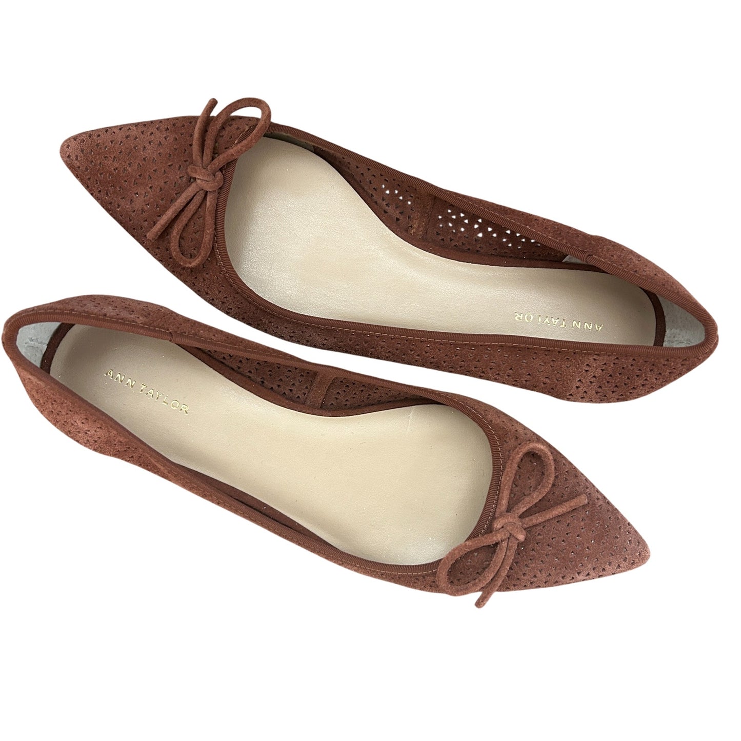 Ann Taylor Brown Suede Pointy Toe Ballet Flats Bow on Front Womens Size 9.5