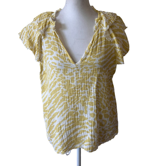 Nation Ltd Los Angeles Yellow, White V-Neck Flutter Sleeve Top Womens Size Small