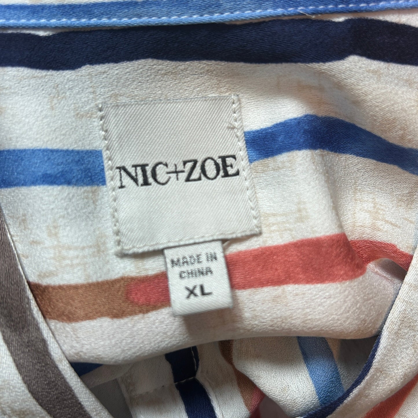 Nic + Zoe Ivory, Blue, Brown Striped V-Neck Top Blouse Womens Size XL